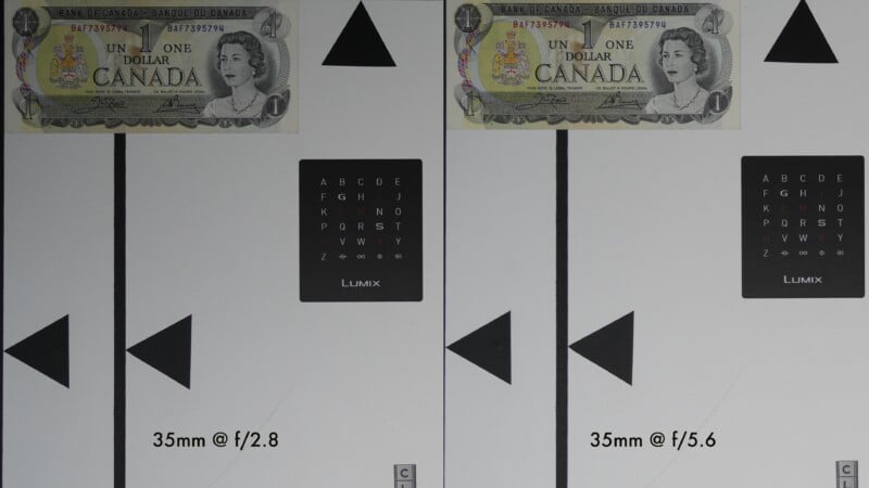 A Canadian one-dollar bill and two lens test charts are shown side by side, labeled "35mm @ f/2.8" on the left and "35mm @ f/5.6" on the right, each with geometric shapes and text for sharpness testing.