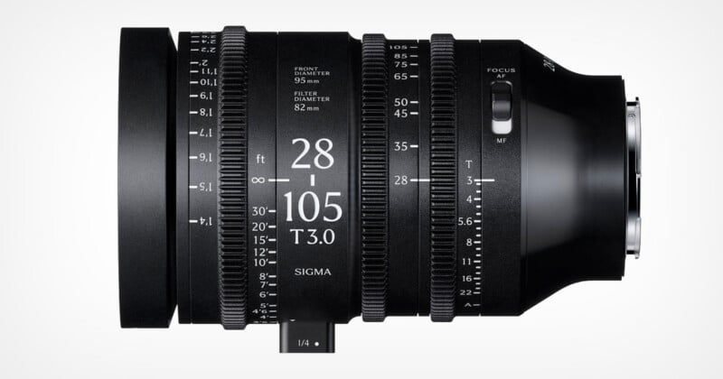 A black Sigma 28-105mm T3.0 cine zoom lens is shown from the side, displaying focus, zoom, and aperture rings with measurement markings, and a lever for adjusting settings.