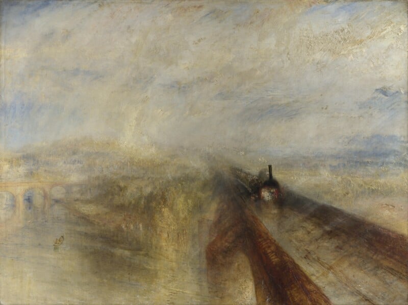 A steam locomotive crosses a bridge through mist and rain, with blurred surroundings, soft light, and indistinct forms in a dramatic, impressionistic landscape painting.