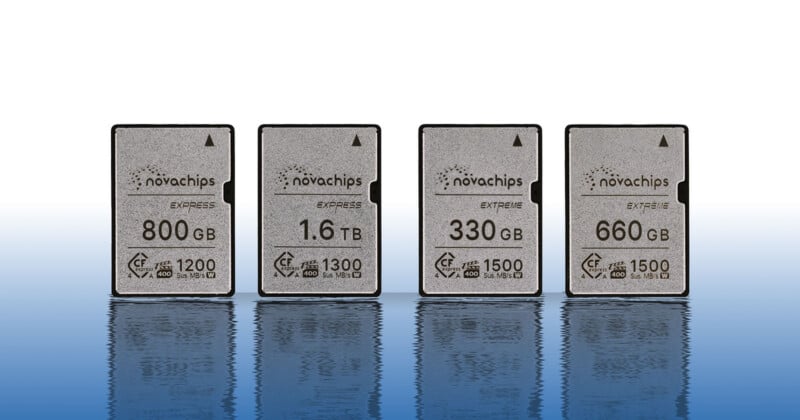 Four Novachips memory cards labeled as EXPRESS series are shown, with capacities of 800GB, 1.6TB, 330GB, and 660GB, standing upright with their reflections visible on a shiny blue surface.