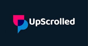 Logo for "UpScrolled" featuring stylized speech bubbles in pink and blue forming a 'U' shape to the left of the brand name, with white text on a dark background.
