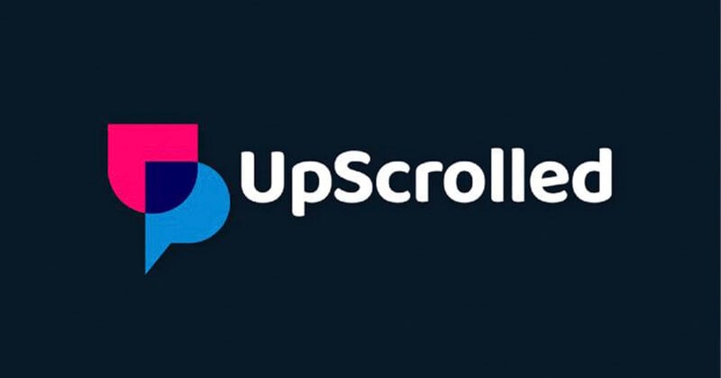 Logo for "UpScrolled" featuring stylized speech bubbles in pink and blue forming a 'U' shape to the left of the brand name, with white text on a dark background.