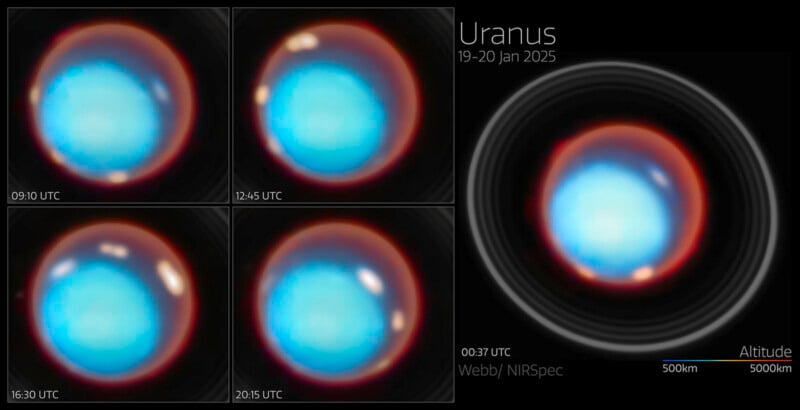 Cuatro imágenes de Urano tomadas en diferentes momentos muestran el disco azul brillante y los bordes rojos del planeta. La imagen principal más grande a la derecha muestra a Urano con anillos visibles. anotación de texto "Urano 19 y 20 de enero de 2025" y "Weber/espectroscopia del infrarrojo cercano.