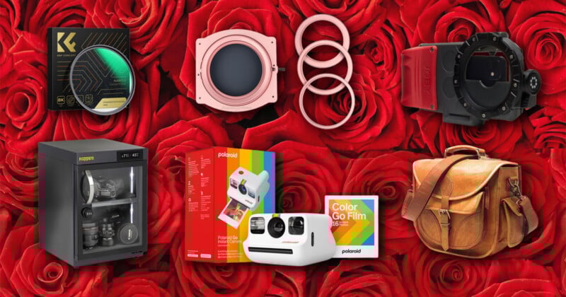 A collage of photography gear and accessories, including filters, camera housing, a film camera, film packs, a dry cabinet, rings, and a leather camera bag, arranged on a red rose background.