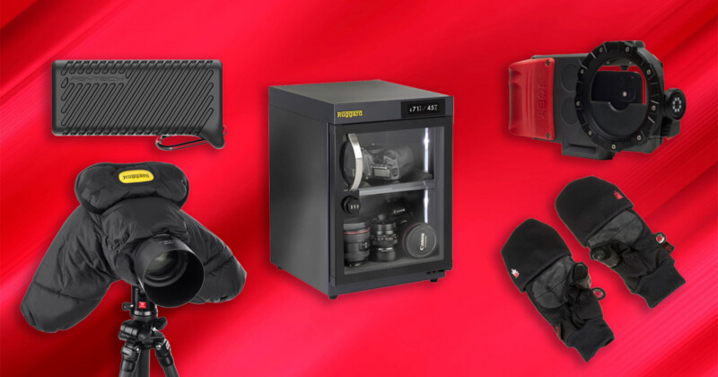 Five pieces of photography gear on a red background, including a lens warmer, lens drying cabinet, camera rain cover, lens case, and black mittens, each positioned apart from one another.