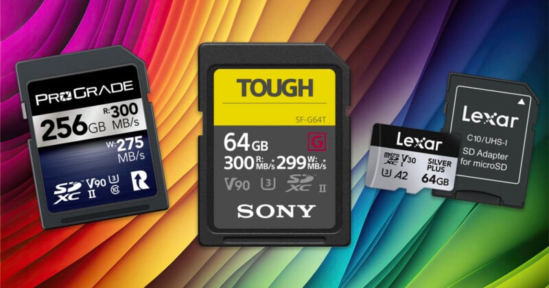 Three SD cards and one microSD card with adapter are shown on a vibrant rainbow-colored background. The cards display different brands, storage capacities, and speed ratings.