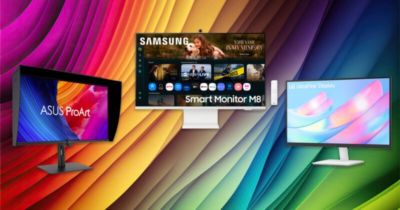 Three computer monitors (ASUS ProArt, Samsung Smart Monitor M8, and LG UltraFine Display) are displayed against a vibrant, multicolored abstract background.