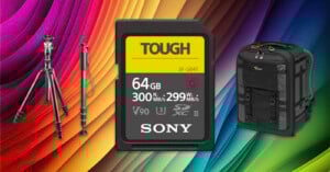 A Sony 64GB SD card is centered between a tripod and monopod on the left and a black camera backpack on the right, all set against a vibrant, multicolored abstract background.