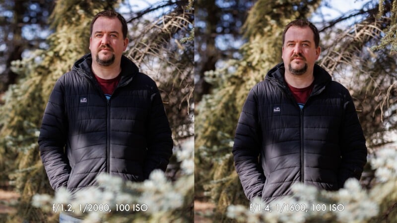 Un hombre vestido con una chaqueta negra se encuentra al aire libre frente a los árboles. La imagen está dividida en dos partes, mostrando diferentes ajustes de la cámara: f/1.2, 1/2000, 100 ISO a la izquierda; f/1.2, 1/2000, 100 ISO a la derecha; A la derecha está f/1.4, 1/1600, 100 ISO.