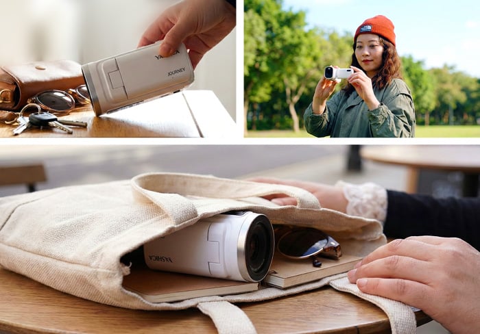 A compact white camera is placed in a bag with sunglasses and a notebook, and a woman outdoors holds the camera, ready to take a photo. Keys and a purse are also visible in the scene.
