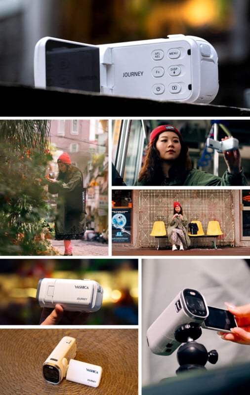 A collage shows a woman using a white Yashica camcorder in city settings, sitting on yellow chairs, and holding the camera up; close-ups of the camcorder labeled "JOURNEY" are also featured.