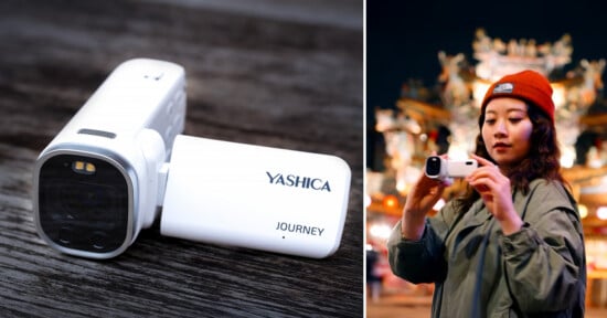A compact white Yashica Journey camcorder is shown on a wooden surface. Next to it, a woman wearing a red beanie holds the same camcorder outdoors at night, with bright lights in the background.