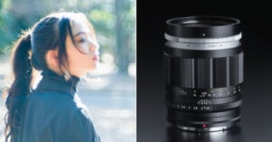A split image: on the left, a woman with long dark hair in a ponytail, wearing a dark jacket, is lit by soft sunlight with a blurred background; on the right, a close-up of a black camera lens on a dark surface.