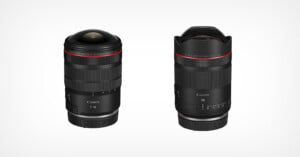 Two Canon camera lenses are shown upright side by side on a white background. Both lenses have a black body with red rings near the top, and white text displaying technical details.