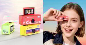 Split image: the left side shows three colorful toy cameras stacked together, one displaying a small photo. On the right, a smiling girl holds a red toy camera up to her eye as if taking a picture.