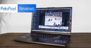 A gaming laptop on a wooden table displays a hockey game photo in editing software. The screen shows image thumbnails below. In the top left corner, there's a "PetaPixel Reviews" banner.