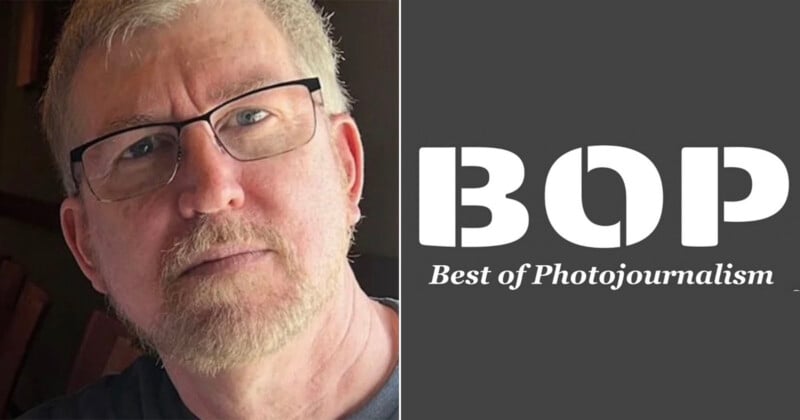 A man with light hair, glasses, and a beard looks at the camera; next to him is a gray background with the white text "BOP Best of Photojournalism.