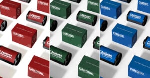 Three panels show film canisters and boxes labeled "CANDIDO." The left panel is red, the middle is green, and the right is blue. All items are arranged diagonally on a white background.
