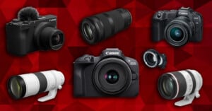 A collage of Canon cameras and lenses on a red geometric background, featuring five different camera lenses and three Canon mirrorless camera bodies, all displayed facing forward.