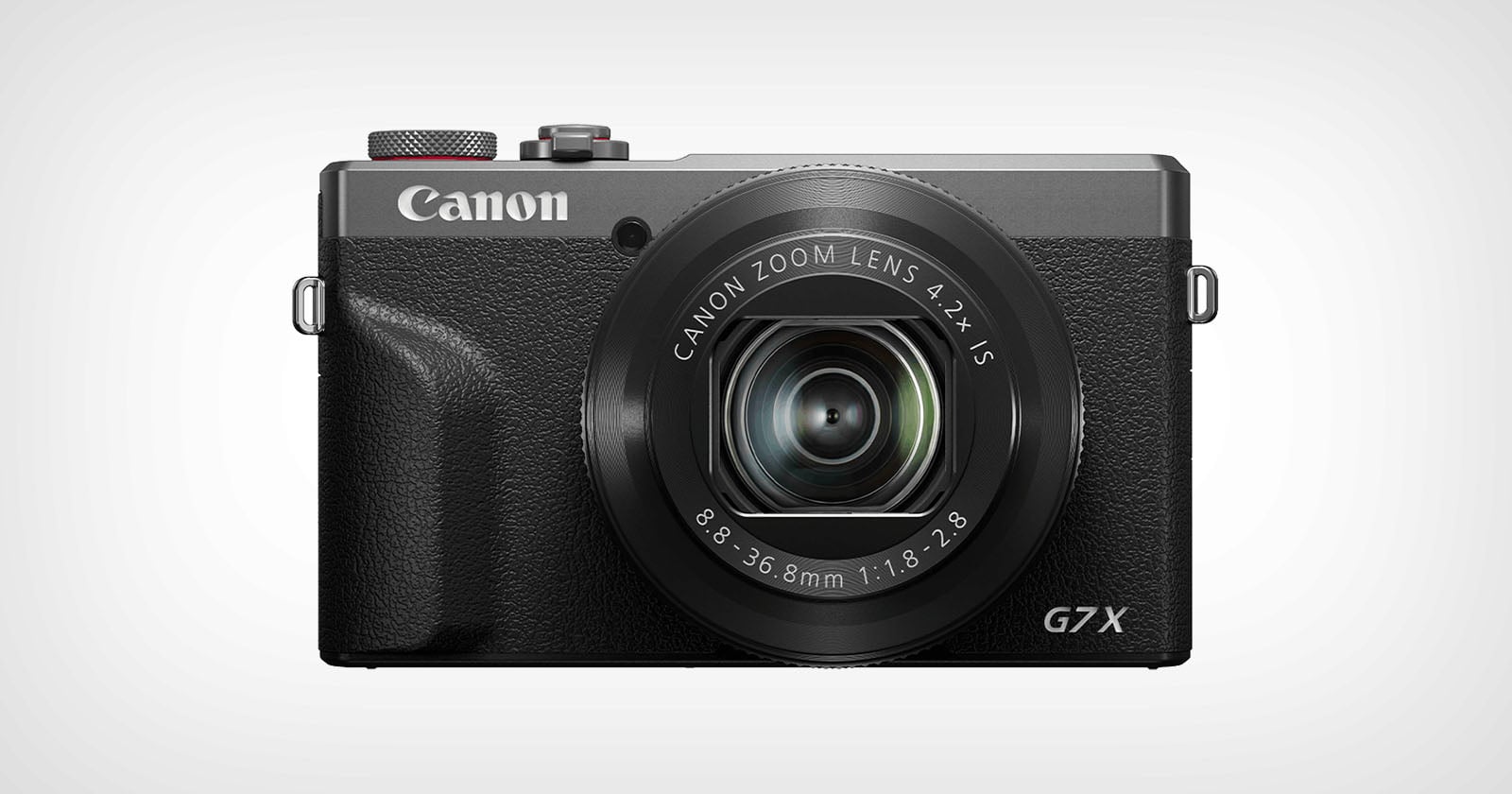 A Canon G7 X digital camera with a black body, prominent zoom lens, and Canon logo on the top left, shown facing forward against a plain light background.