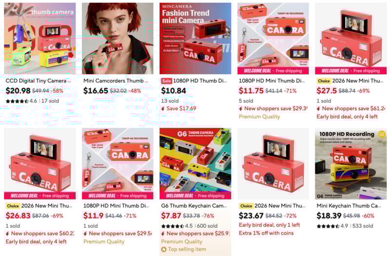 A grid of product listings for mini and thumb cameras on an online marketplace, showing small digital cameras in red and yellow packaging, prices, ratings, and promotional banners like “Free shipping” and “Early bird deal.”.