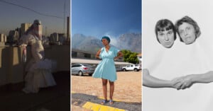 A collage of three photos: left, a person in a white dress and veil stands on a rooftop; center, a woman in a blue dress poses outdoors with mountains behind her; right, two women’s heads and hands appear isolated on a white background.