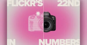 Split image on a pink background: left half shows a pixelated camera icon, right half shows a Canon EOS R6 camera. Large white text reads "FLICKR'S 22ND IN NUMBERS" across the image.