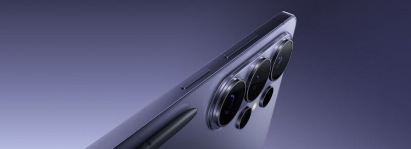 A close-up of the back and side of a modern smartphone with multiple camera lenses and a sleek, metallic design against a gradient background.