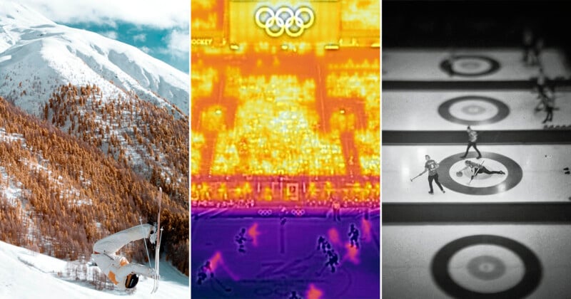 Three images side by side: a skier performing a flip on a snowy mountain, a thermal view of an Olympic hockey game, and an overhead view of people playing curling on an ice rink.