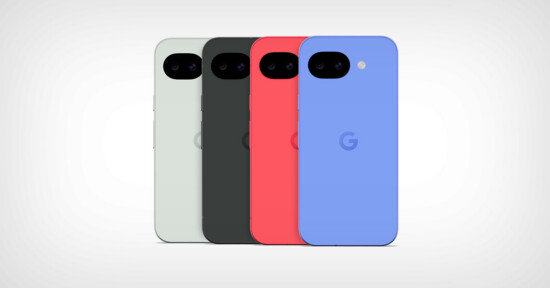Four smartphones are standing upright in a row, each with a different color: light green, black, red, and blue. The back of each phone shows a camera and a “G” logo. The background is plain white.