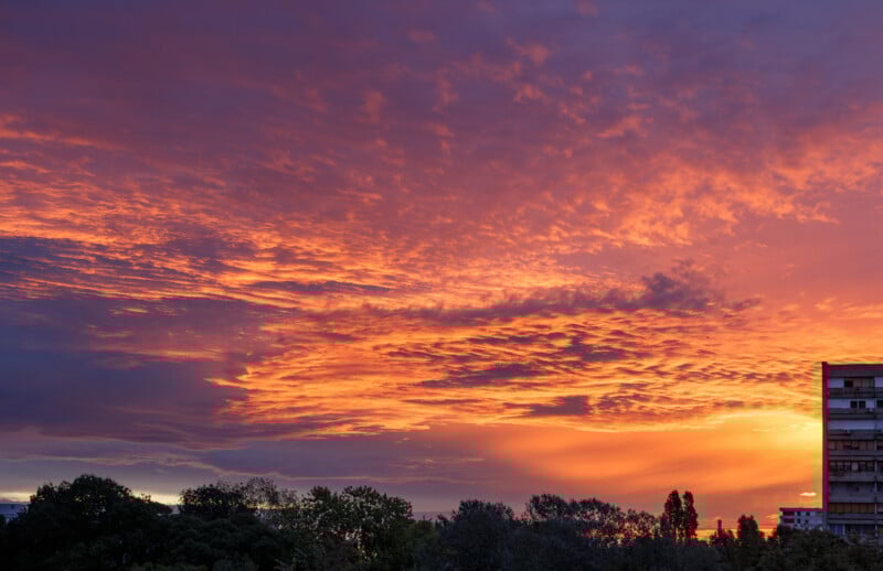 Un vibrante cielo al atardecer de color naranja y violeta con espectaculares nubes sobre un paisaje urbano, árboles en primer plano y un alto edificio de apartamentos en el borde derecho de la imagen.