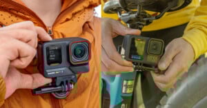 A split image shows hands holding two different action cameras: on the left, an Insta360 Ace Pro clipped to an orange jacket; on the right, a GoPro HERO11 mounted to a bicycle frame.