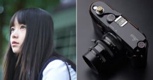 A split image: on the left, a young woman with long black hair gazes upwards outdoors; on the right, a close-up of a black Leica film camera on a dark surface.