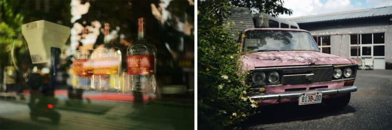 Left: Bottles and glasses on a bar counter seen through a glass window with reflections. Right: An old, pink car with a Maine license plate is parked by a building, partially covered with greenery.