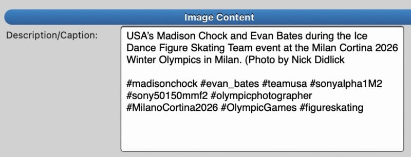 Screenshot showing a description box with text about Madison Chock and Evan Bates at the 2026 Winter Olympics ice dance team event, along with related hashtags and photo credit.