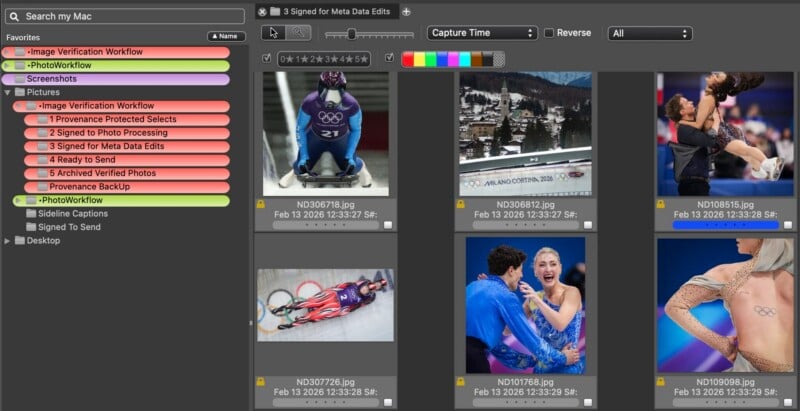 A computer screen displays a photo management program with image thumbnails, metadata, and colored labels. Photos include a skeleton athlete, ski slopes, ski gear, and a figure skating pair.