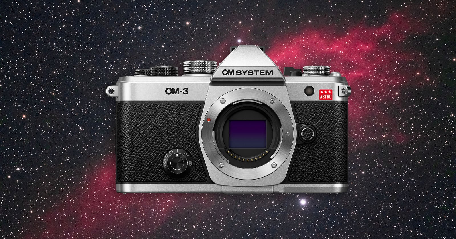 A silver and black OM System OM-3 camera is centered against a star-filled, colorful space background with a nebula visible on the right side.