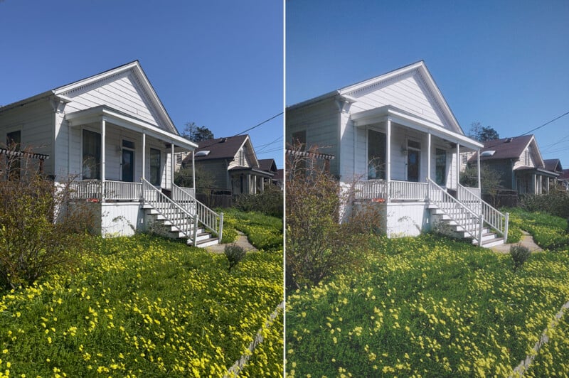 Una al lado de la otra, casas más blancas con porches y escaleras, rodeadas de hierba verde y flores amarillas, bajo un cielo azul claro; la imagen de la izquierda parece más nítida, mientras que la imagen de la derecha parece un poco borrosa.
