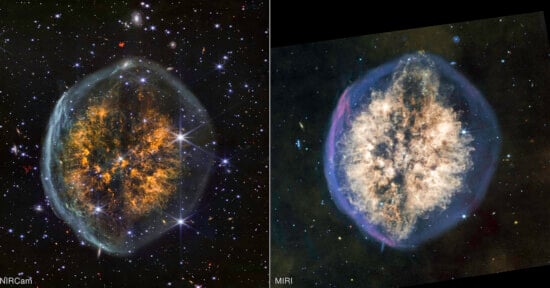 Side-by-side images of a colorful nebula against a starry background, showing different details and textures as captured by two different infrared cameras, labeled "NIRCam" on the left and "MIRI" on the right.