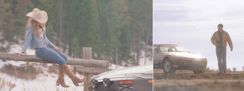 A woman in a cowboy hat and boots sits on a wooden fence near a car in a rural, snowy landscape; a man in a jacket and hat walks toward a car on a dirt road under a bright sky.