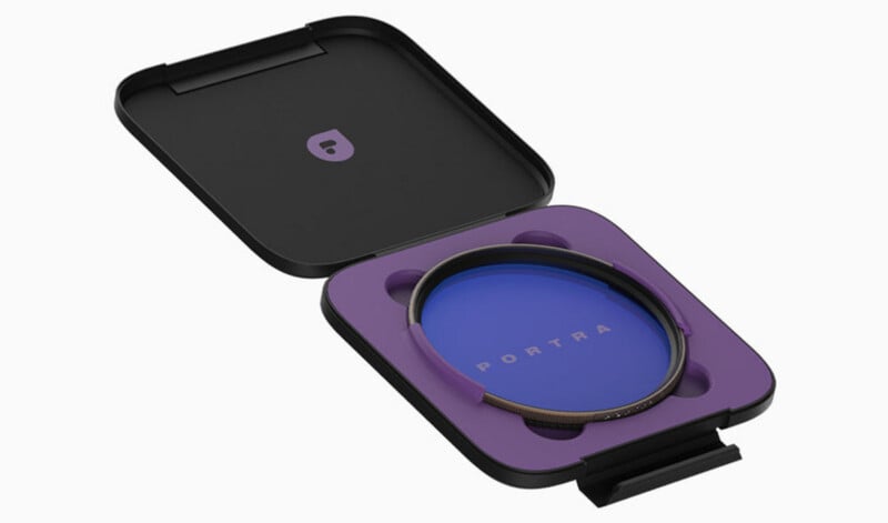 A circular camera lens filter with a blue tint labeled "PORTRA," placed in a purple foam holder inside a black, square protective case with a hinged lid.