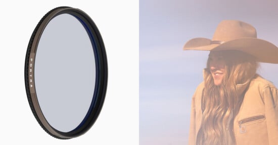 A circular camera lens filter is shown on the left, and on the right, a woman in a cowboy hat and jacket is seen through a soft, hazy filter effect.