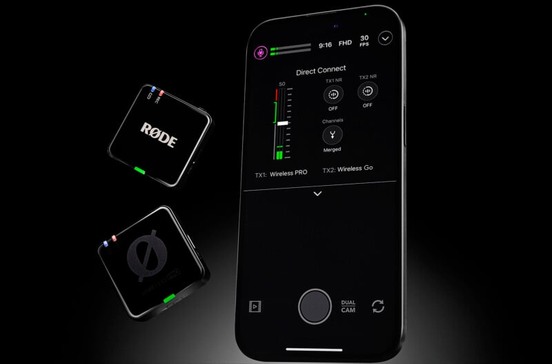 A smartphone displaying the RØDE app interface, with two small black wireless microphone transmitters floating nearby, all set against a dark background.
