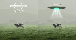 Side-by-side images: Left, a cow in a field under a cartoon UFO with hand-drawn sun rays. Right, the same cow beneath a realistic UFO beaming down light, as if about to be abducted.