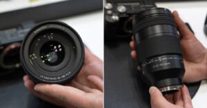 Split image: Left, close-up of a Schneider-Kreuznach 80-180mm f/2.8 camera lens. Right, hands holding a black camera lens labeled “AF 80-130 F2.8 FE,” with a camera in the background.