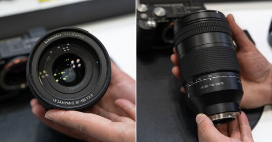 Split image: Left, close-up of a Schneider-Kreuznach 80-180mm f/2.8 camera lens. Right, hands holding a black camera lens labeled “AF 80-130 F2.8 FE,” with a camera in the background.