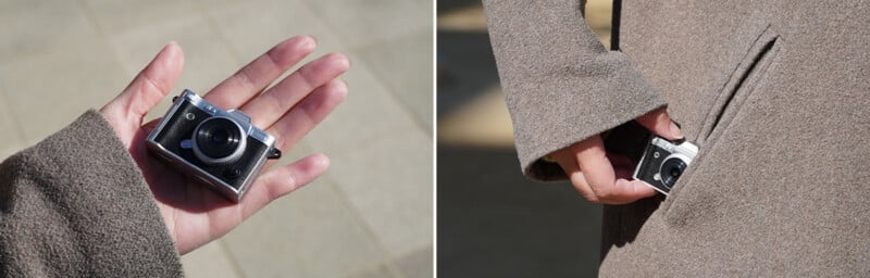 A person holding a tiny vintage-style camera in their hand (left) and placing it into the pocket of a brown coat (right).