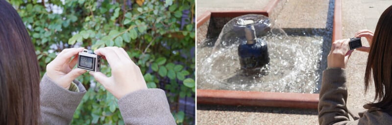 A person with long hair holds a small camera, taking photos of green leaves in one image and a blue-tiled outdoor fountain in the other.