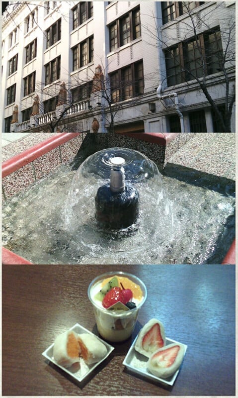 A collage of three images: a white building with leafless trees, a small water fountain with water bubbling over a spout, and a table with desserts—fruit parfait and two types of mochi with fruit filling.