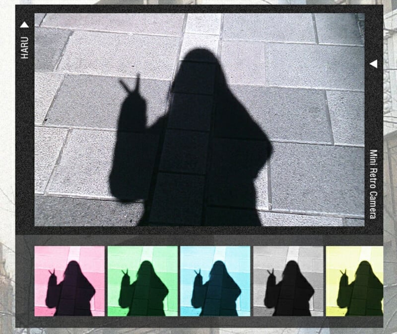 A shadow of a person making a peace sign is cast on pavement. Below are five color-filtered versions of the same shadow, each with different pastel backgrounds. The image has a retro camera frame and labels.